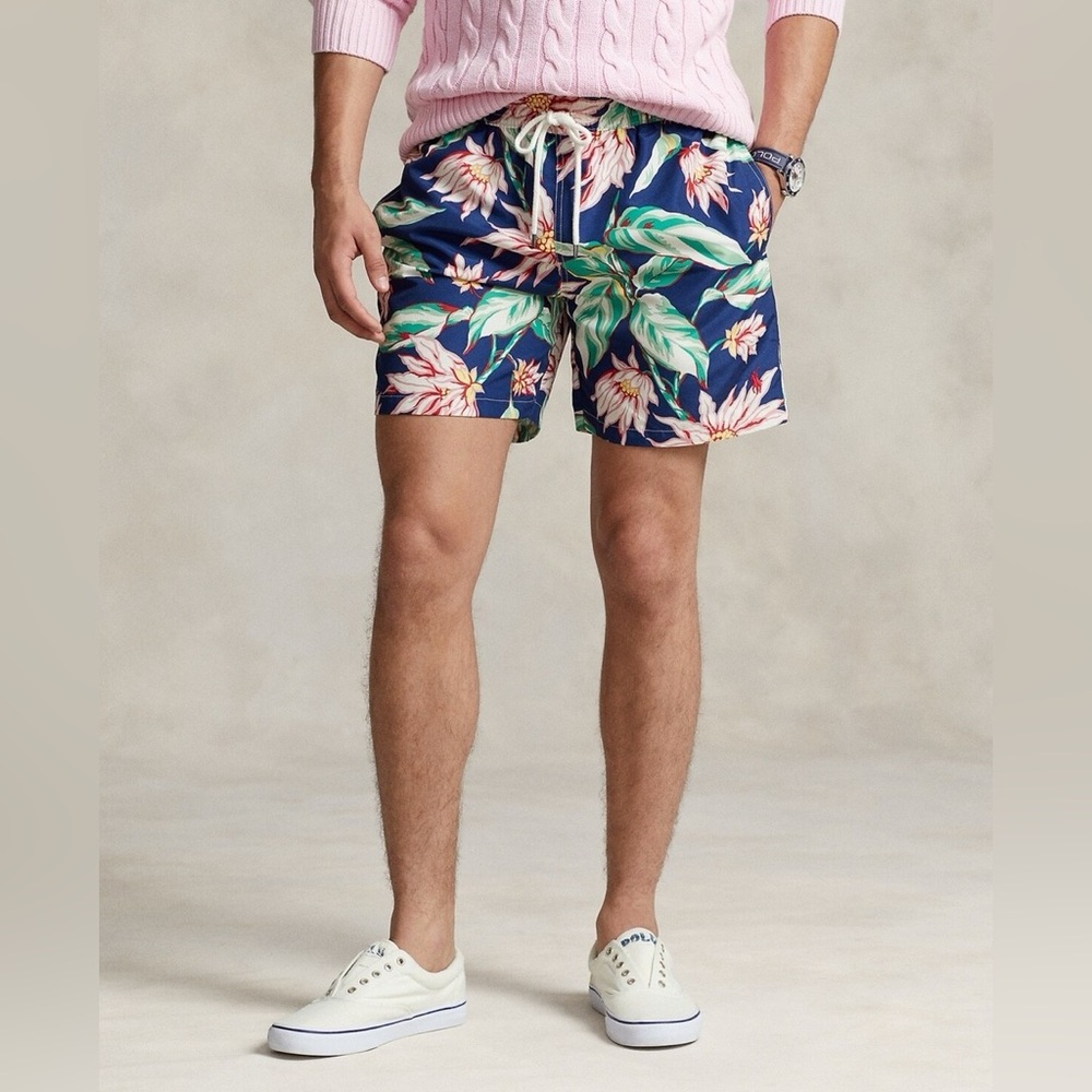 Polo by Ralph Lauren Navy Swim Shorts with Coral & Lime Print